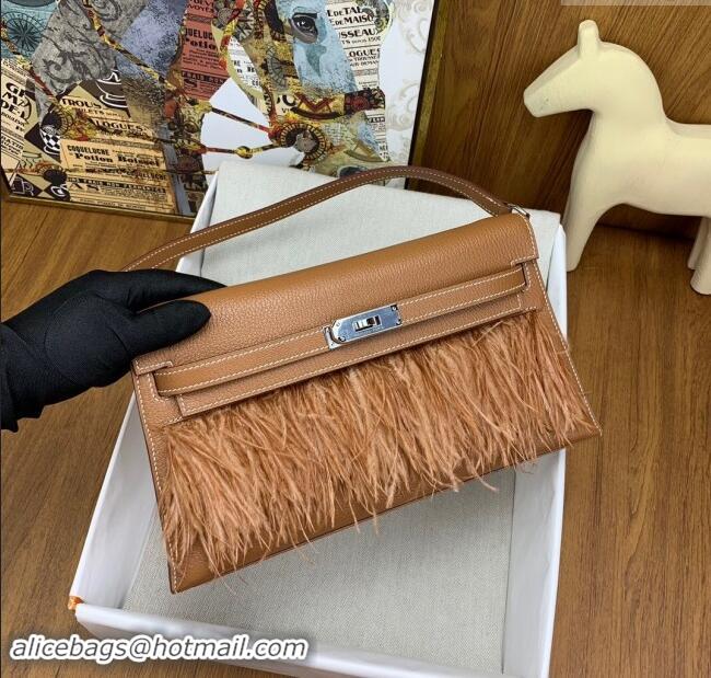 Promotional Hermes Kelly Elan Bag in Chevre Chamkila Leather and Ostrich Feather H1506 Brown/Silver 2024(Full Handmade)