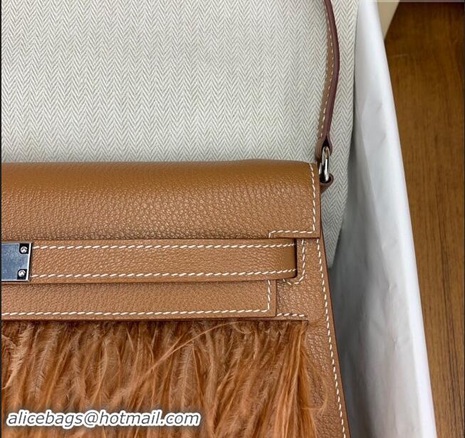 Promotional Hermes Kelly Elan Bag in Chevre Chamkila Leather and Ostrich Feather H1506 Brown/Silver 2024(Full Handmade)