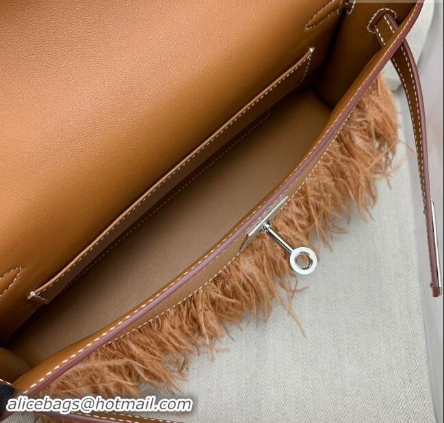 Promotional Hermes Kelly Elan Bag in Chevre Chamkila Leather and Ostrich Feather H1506 Brown/Silver 2024(Full Handmade)