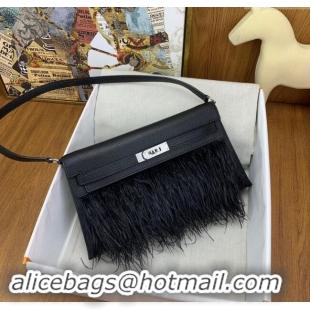 Well Crafted Hermes Kelly Elan Bag in Chèvre Chamkila Leather and Ostrich Feather H1506 Black/Silver 2024(Full Handmade)