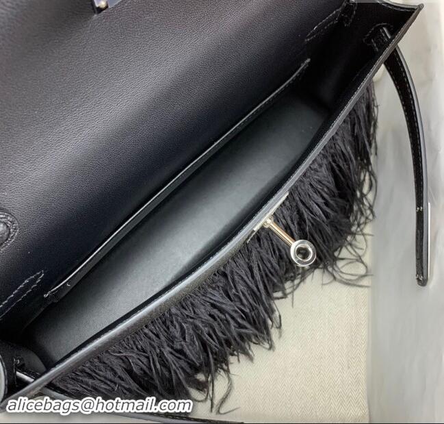 Well Crafted Hermes Kelly Elan Bag in Chèvre Chamkila Leather and Ostrich Feather H1506 Black/Silver 2024(Full Handmade)