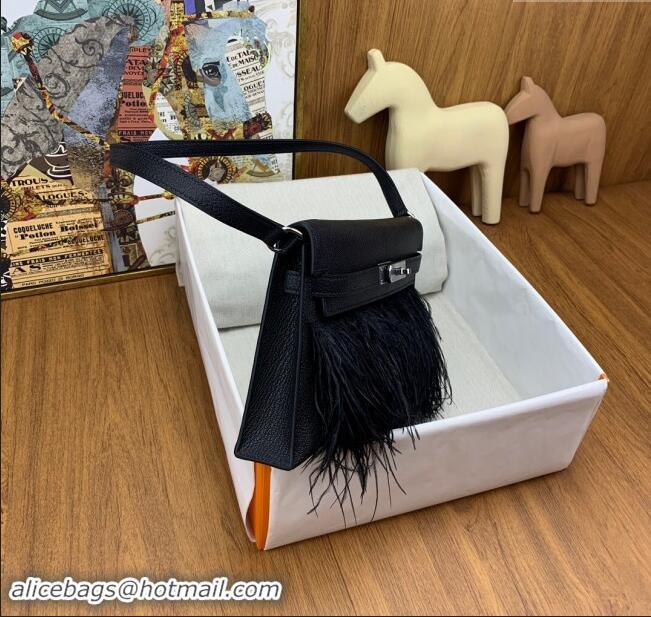 Well Crafted Hermes Kelly Elan Bag in Chèvre Chamkila Leather and Ostrich Feather H1506 Black/Silver 2024(Full Handmade)