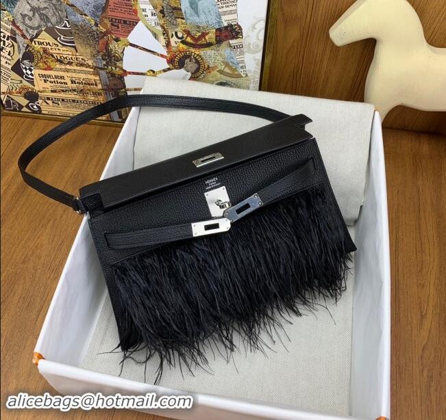 Well Crafted Hermes Kelly Elan Bag in Chèvre Chamkila Leather and Ostrich Feather H1506 Black/Silver 2024(Full Handmade)