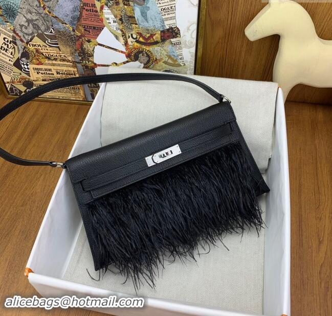 Well Crafted Hermes Kelly Elan Bag in Chèvre Chamkila Leather and Ostrich Feather H1506 Black/Silver 2024(Full Handmade)