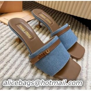 Top Grade Miu Miu Blue Denim Heel Slides Sandal 4.5cm with Strap Brown 611064