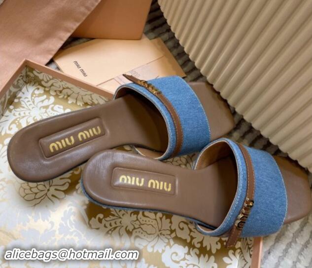 Top Grade Miu Miu Blue Denim Heel Slides Sandal 4.5cm with Strap Brown 611064