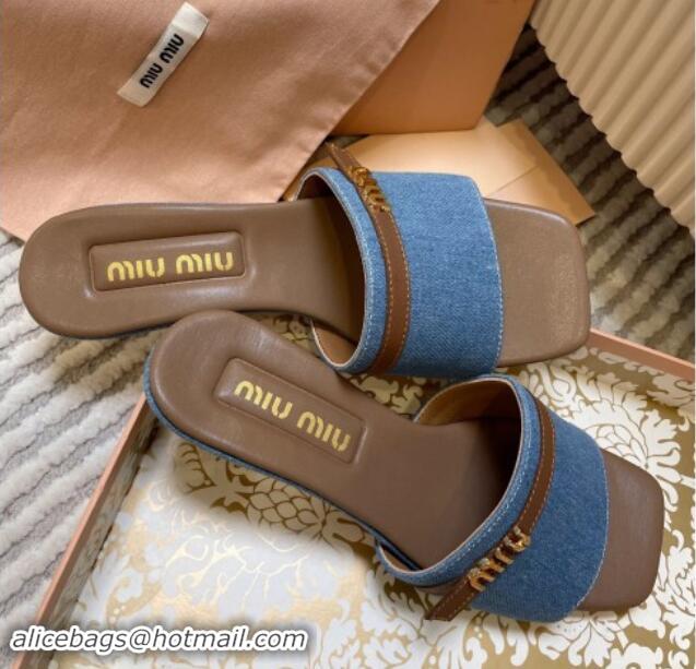 Top Grade Miu Miu Blue Denim Heel Slides Sandal 4.5cm with Strap Brown 611064