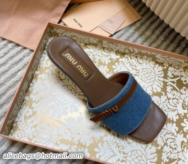 Top Grade Miu Miu Blue Denim Heel Slides Sandal 4.5cm with Strap Brown 611064