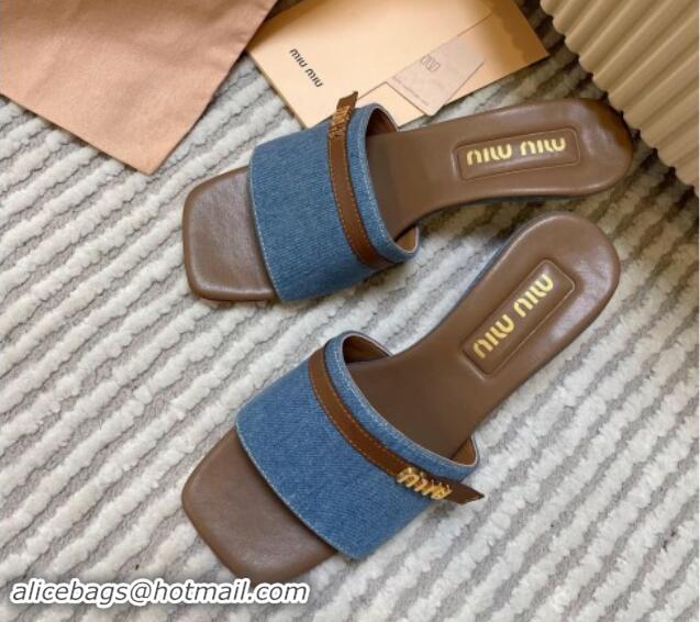 Top Grade Miu Miu Blue Denim Heel Slides Sandal 4.5cm with Strap Brown 611064