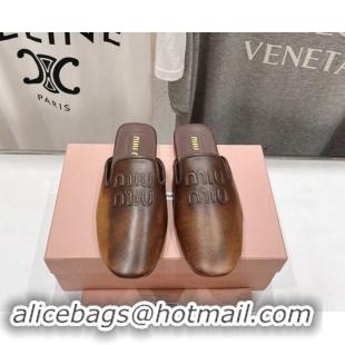 Best Grade Miu Miu Aged Leather Flat Mules Brown 611067