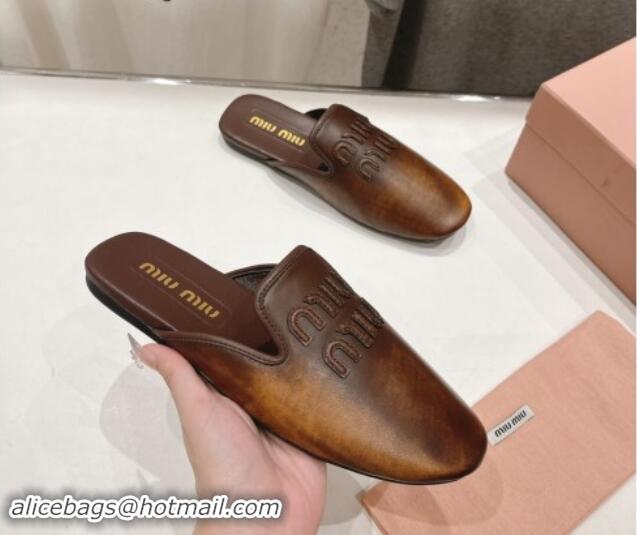 Best Grade Miu Miu Aged Leather Flat Mules Brown 611067