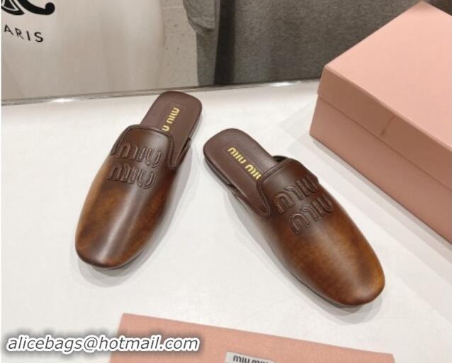 Best Grade Miu Miu Aged Leather Flat Mules Brown 611067