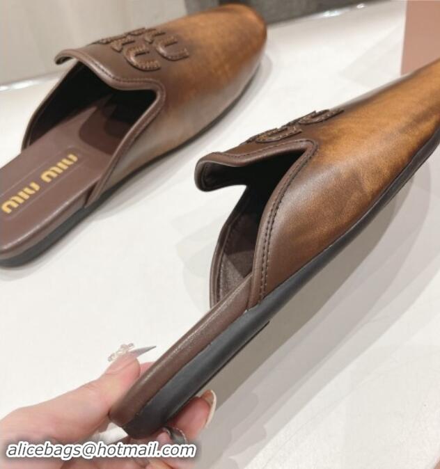 Best Grade Miu Miu Aged Leather Flat Mules Brown 611067