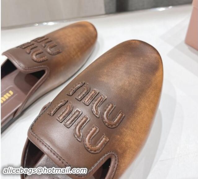 Best Grade Miu Miu Aged Leather Flat Mules Brown 611067