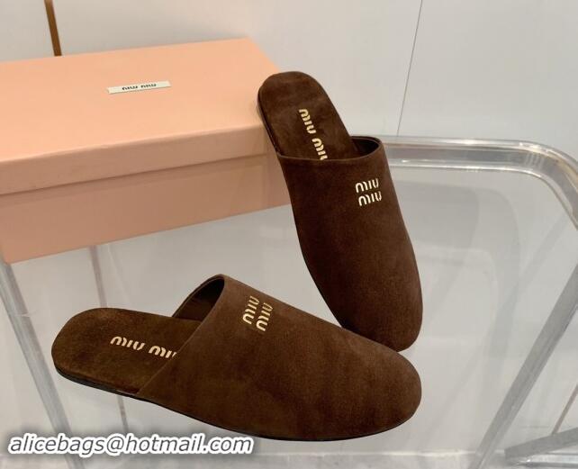 Classic Hot Miu Miu Suede Flat Mules Dark Brown 703127