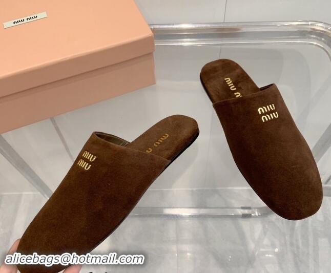 Classic Hot Miu Miu Suede Flat Mules Dark Brown 703127