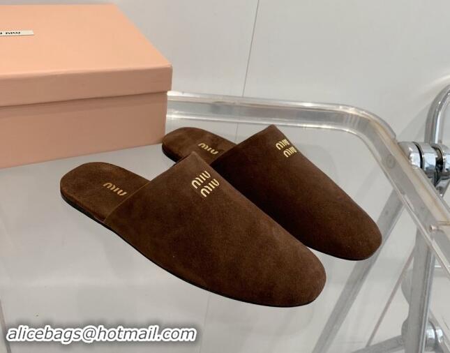 Classic Hot Miu Miu Suede Flat Mules Dark Brown 703127