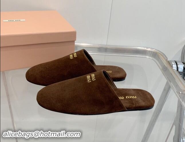 Classic Hot Miu Miu Suede Flat Mules Dark Brown 703127