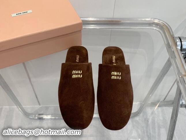 Classic Hot Miu Miu Suede Flat Mules Dark Brown 703127