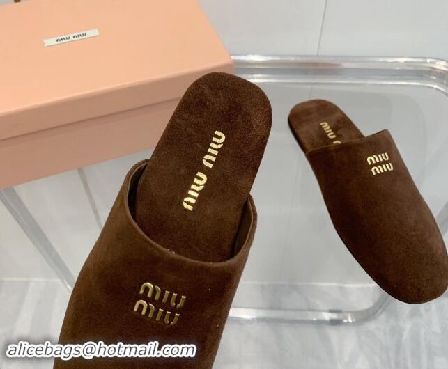 Classic Hot Miu Miu Suede Flat Mules Dark Brown 703127