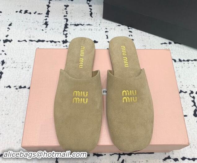 Popular Style Miu Miu Suede Flat Mules Beige 703133