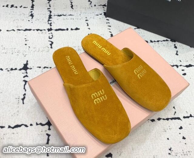 Shop Duplicate Miu Miu Suede Flat Mules Yellow 703134