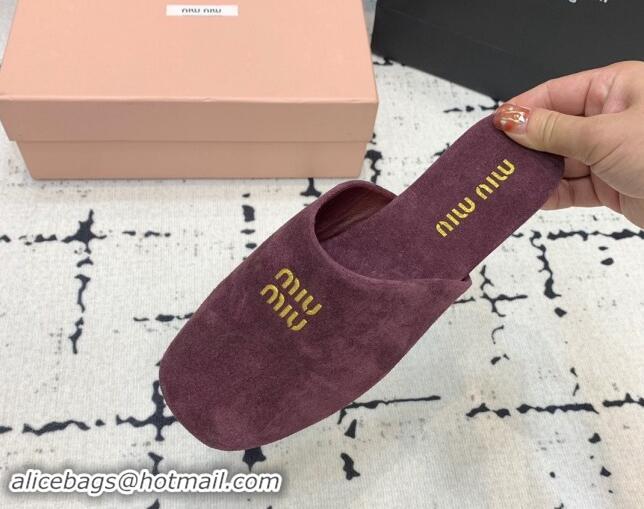 Cheap Price Miu Miu Suede Flat Mules Dark Purple 703135