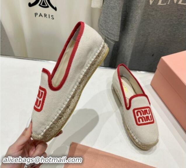 Good Quality Miu Miu Canvas Espadrilles Flat Light Beige/Red 703138