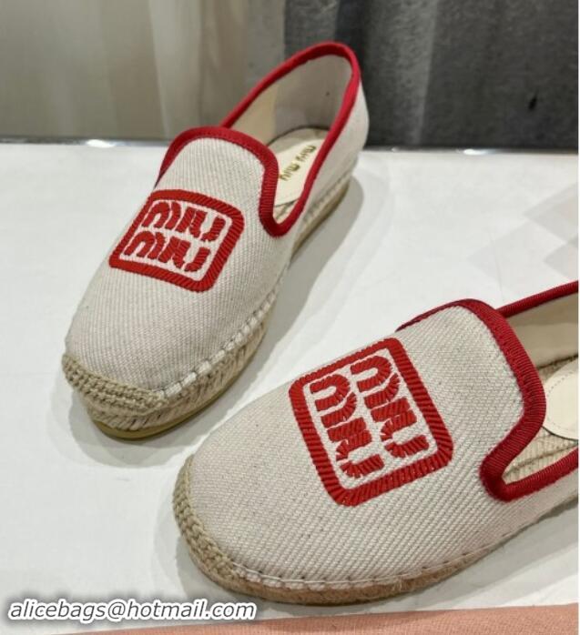 Good Quality Miu Miu Canvas Espadrilles Flat Light Beige/Red 703138