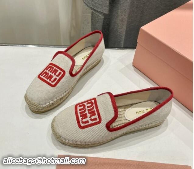 Good Quality Miu Miu Canvas Espadrilles Flat Light Beige/Red 703138