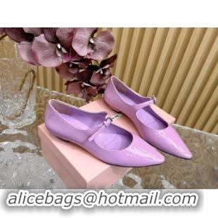 Luxury Cheap Miu Miu Patent Leather Pointed Ballerinas Flat with Buckle Purple 719094