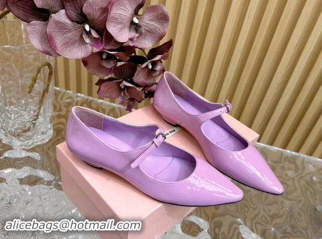 Luxury Cheap Miu Miu Patent Leather Pointed Ballerinas Flat with Buckle Purple 719094