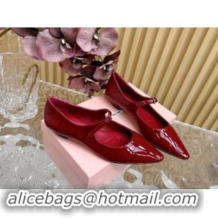 Luxury Miu Miu Patent Leather Pointed Ballerinas Flat with Buckle Dark Red 719095