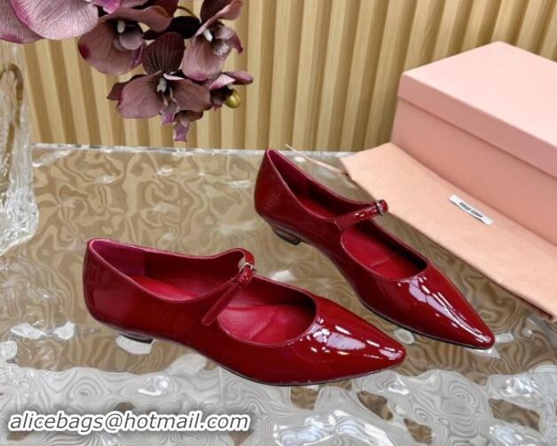 Luxury Miu Miu Patent Leather Pointed Ballerinas Flat with Buckle Dark Red 719095