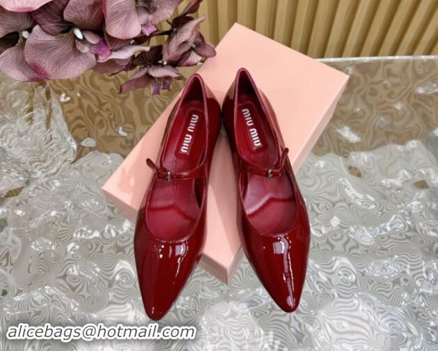 Luxury Miu Miu Patent Leather Pointed Ballerinas Flat with Buckle Dark Red 719095