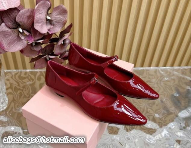 Luxury Miu Miu Patent Leather Pointed Ballerinas Flat with Buckle Dark Red 719095