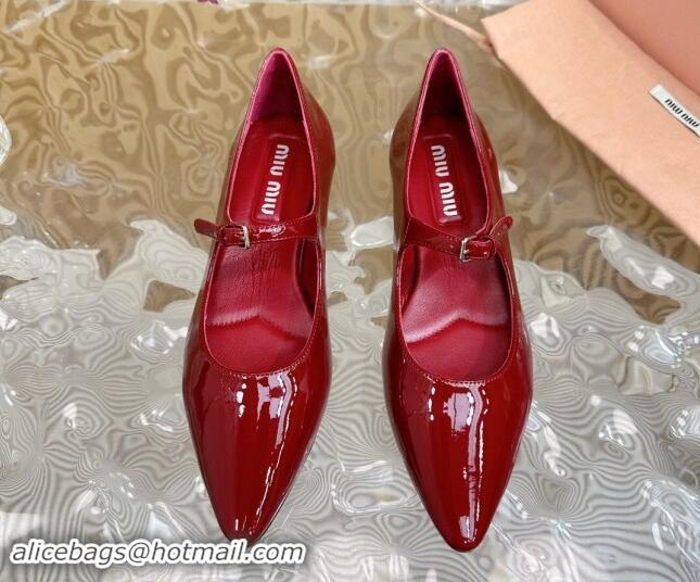 Luxury Miu Miu Patent Leather Pointed Ballerinas Flat with Buckle Dark Red 719095