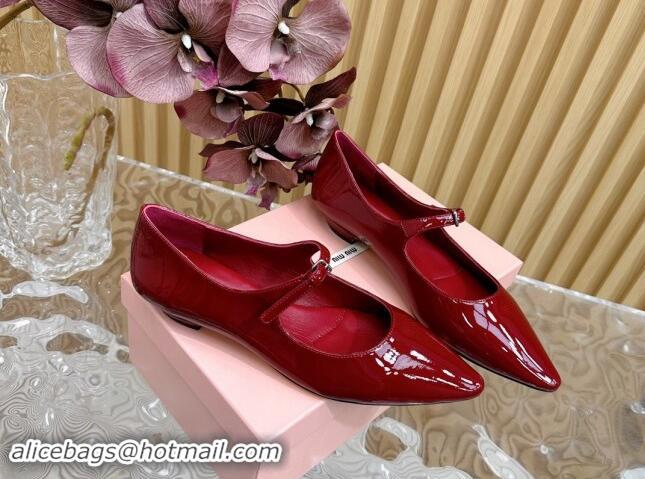 Luxury Miu Miu Patent Leather Pointed Ballerinas Flat with Buckle Dark Red 719095