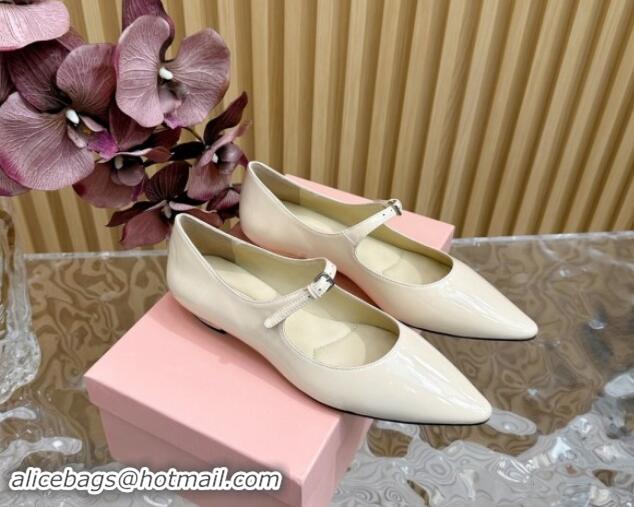 Hot Style Miu Miu Patent Leather Pointed Ballerinas Flat with Buckle White 719096