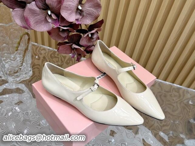 Hot Style Miu Miu Patent Leather Pointed Ballerinas Flat with Buckle White 719096