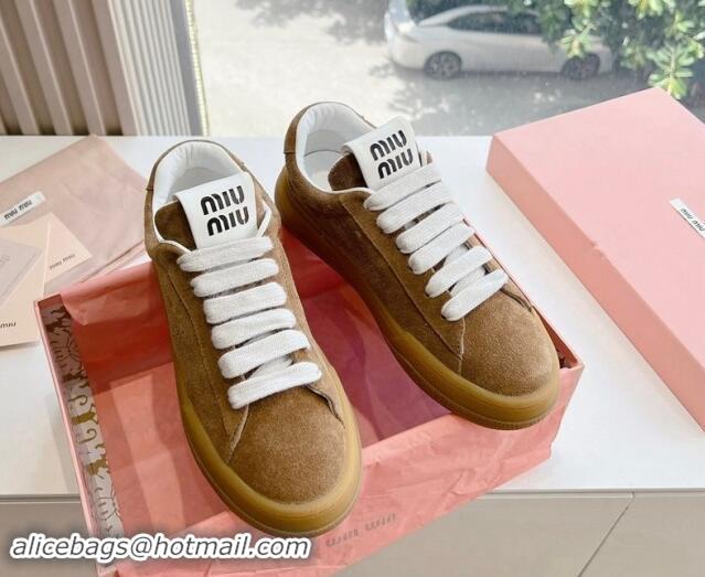 Top Design Miu Miu Suede Sneakers Tan Brown 719101