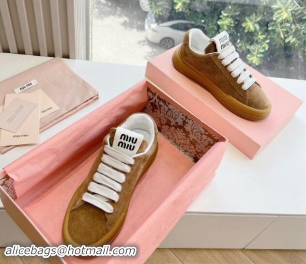 Top Design Miu Miu Suede Sneakers Tan Brown 719101