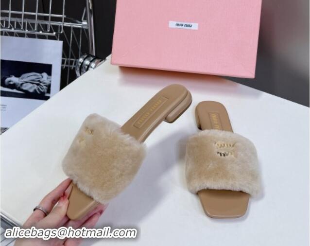 Good Looking Miu Miu Wool Flat Slides Sandal Beige 719110