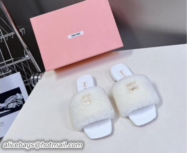 Pretty Style Miu Miu Wool Flat Slides Sandal White 719113