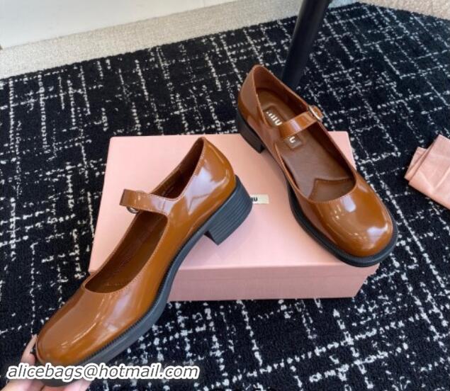 Purchase Miu Miu Shiny Calfskin Mary Janes Shoes Brown 813055