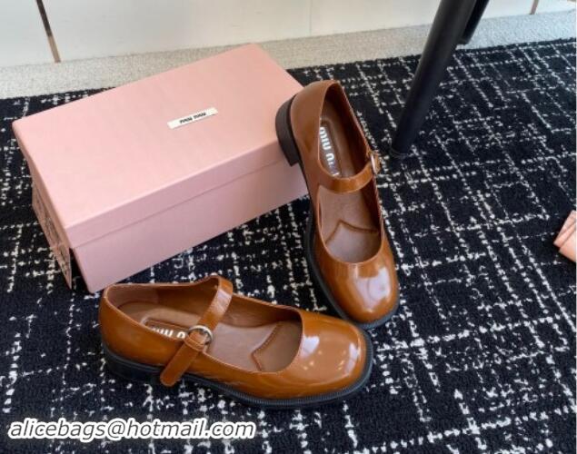 Purchase Miu Miu Shiny Calfskin Mary Janes Shoes Brown 813055