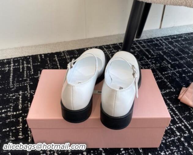 Durable Miu Miu Shiny Calfskin Mary Janes Shoes White 813056