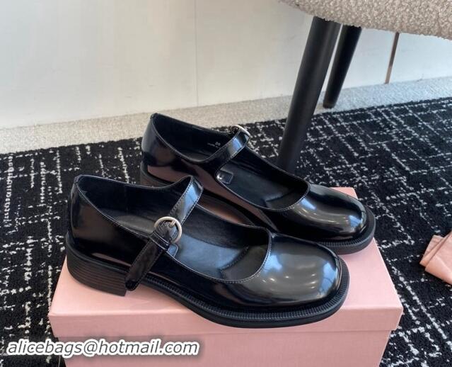 Grade Miu Miu Shiny Calfskin Mary Janes Shoes Black 813057