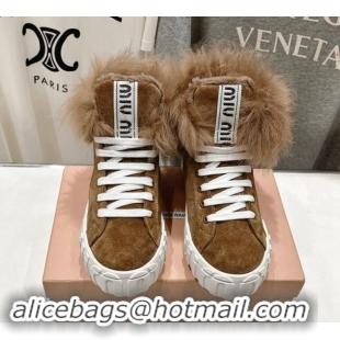 Best Grade Miu Miu Suede Sneaker Ankle Boots with Fur Lining Brown 813058