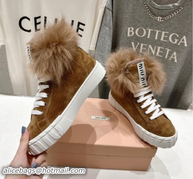 Best Grade Miu Miu Suede Sneaker Ankle Boots with Fur Lining Brown 813058